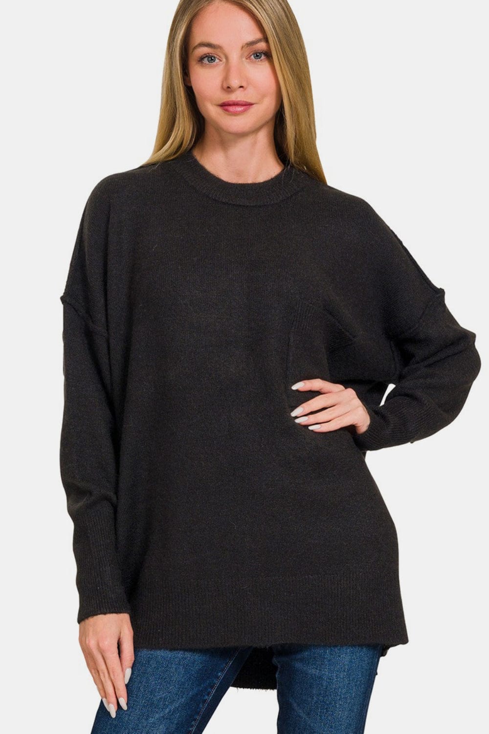 Dark Slate Gray Zenana High-Low Hem Drop Shoulder Sweater