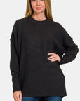 Dark Slate Gray Zenana High-Low Hem Drop Shoulder Sweater