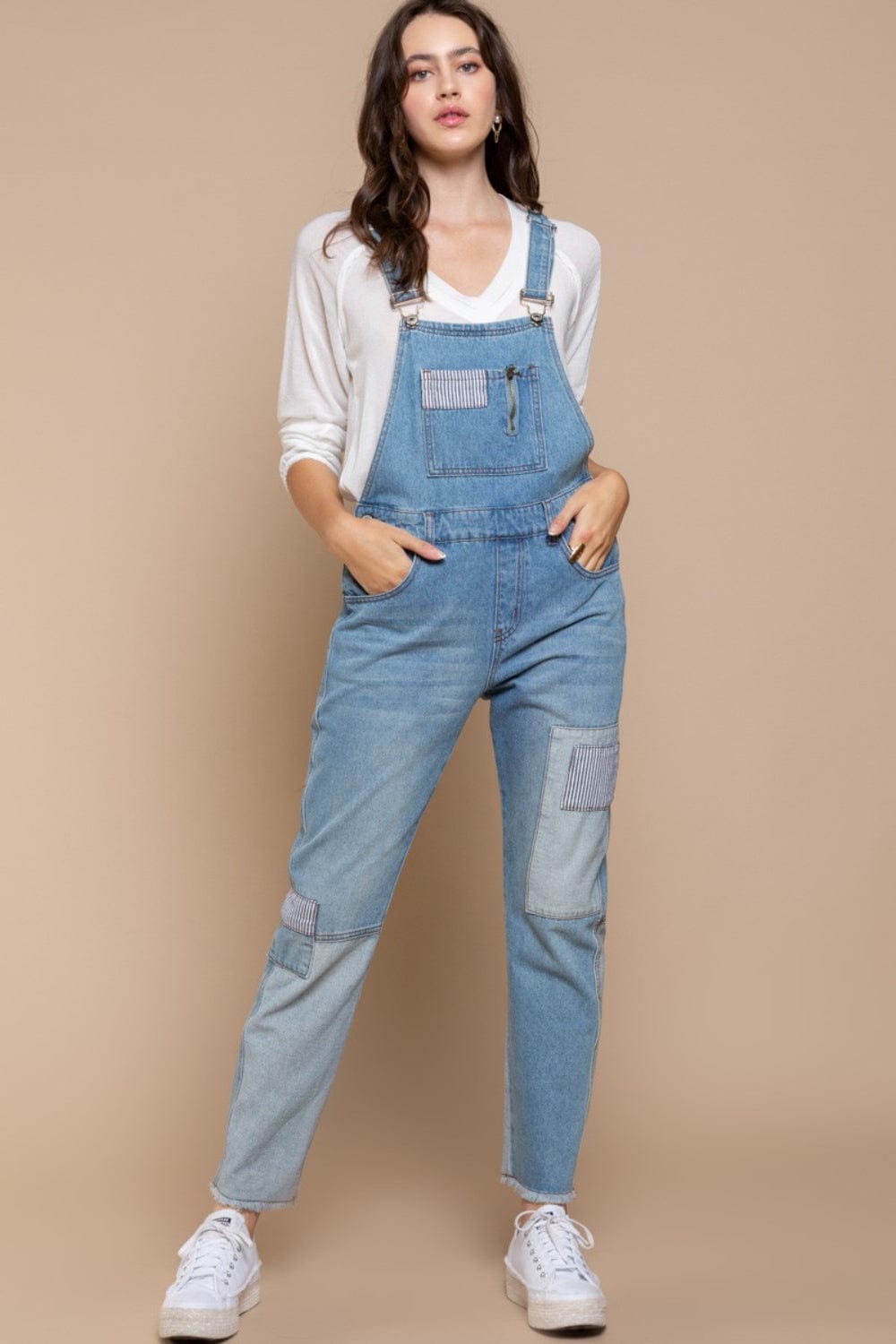 Rosy Brown POL Front Chest Zipper Slim Leg Denim Overalls