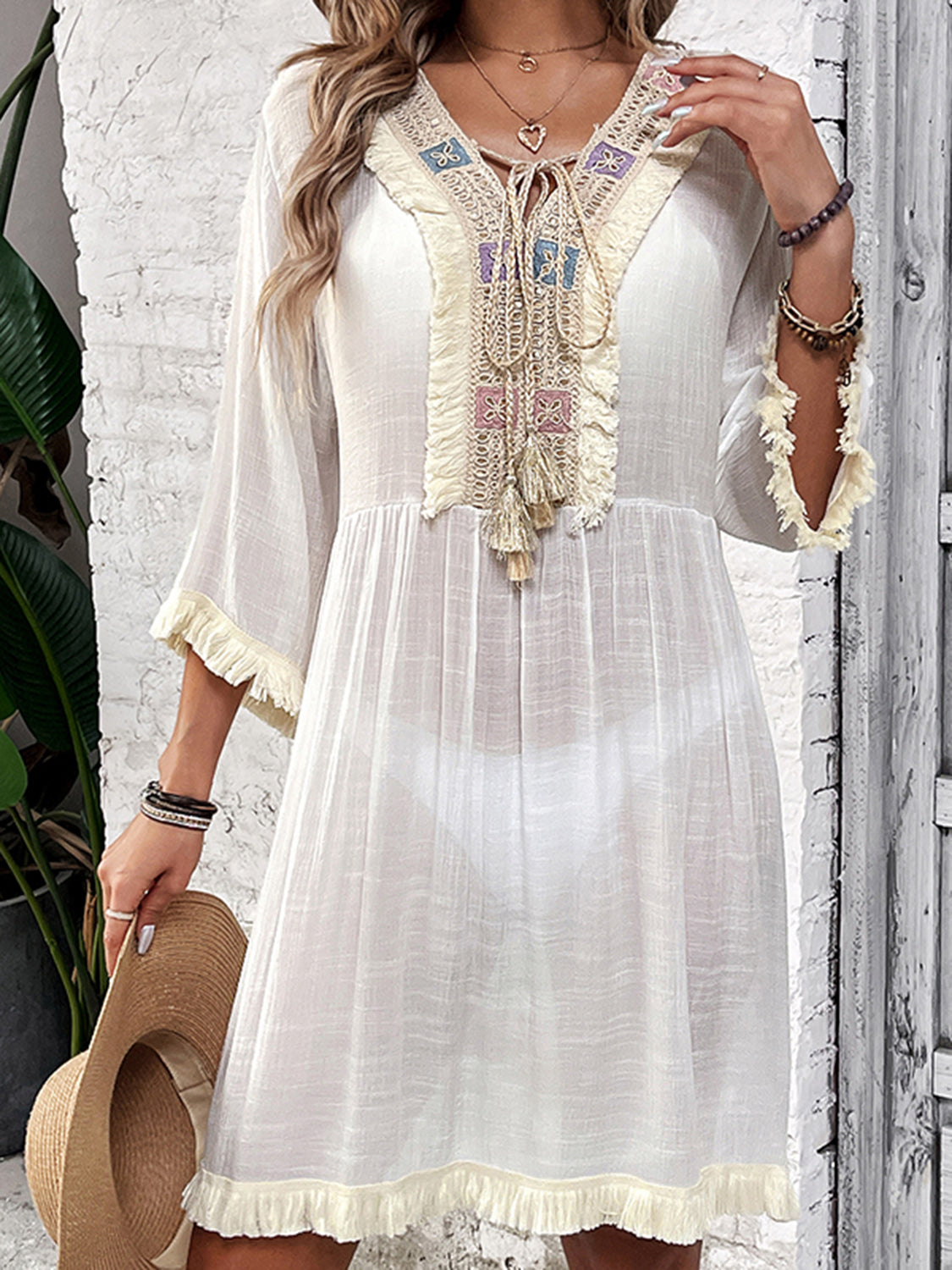 Light Gray Fringe Tie Neck Three-Quarter Sleeve Cover Up Sentient Beauty Fashions Apaparel &amp; Accessories