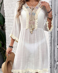 Light Gray Fringe Tie Neck Three-Quarter Sleeve Cover Up Sentient Beauty Fashions Apaparel & Accessories