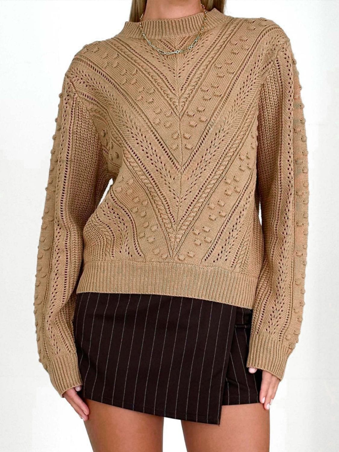 Rosy Brown Openwork Round Neck Long Sleeve Sweater