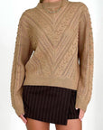 Rosy Brown Openwork Round Neck Long Sleeve Sweater