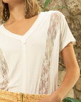 POL Inset Lace Outseam Detail Short Sleeve V-Neck T-Shirt