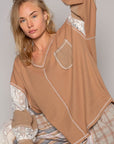 Rosy Brown POL V-Neck Lace Balloon Sleeve Exposed Seam Top