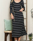 Slit Striped Scoop Neck Long Sleeve Midi Tee Dress