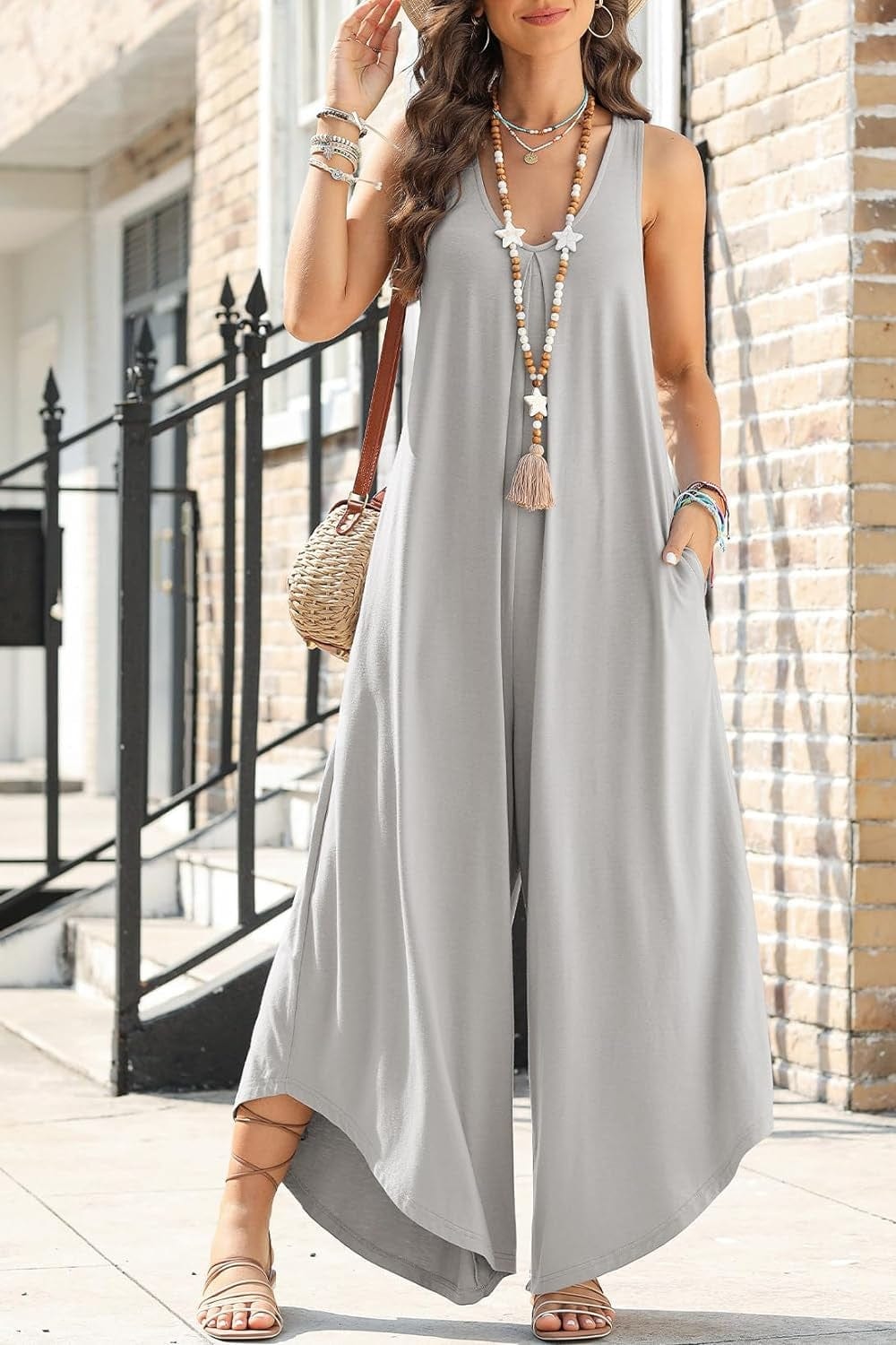 Gray Pocketed Scoop Neck Wide Leg Jumpsuit