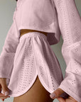 Gray Eyelet Round Neck Top and Shorts Set Sentient Beauty Fashions Apaparel & Accessories