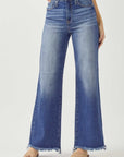 Dark Slate Blue RISEN High Waist Raw Hem Wide Leg Jeans