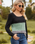 Color Block Square Neck Long Sleeve T-Shirt