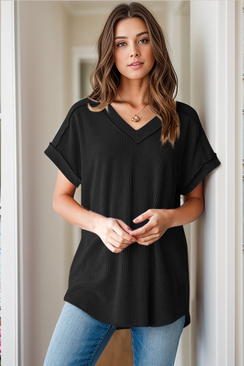 Gray Textured V-Neck Short Sleeve Top