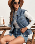 Collared Neck Sleeveless Denim Jacket