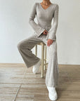 Ribbed V-Neck Long Sleeve Top and Pocketed Pants Set