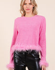 Mittoshop Feather Trim Long Sleeve Crop Hacci Knit Top