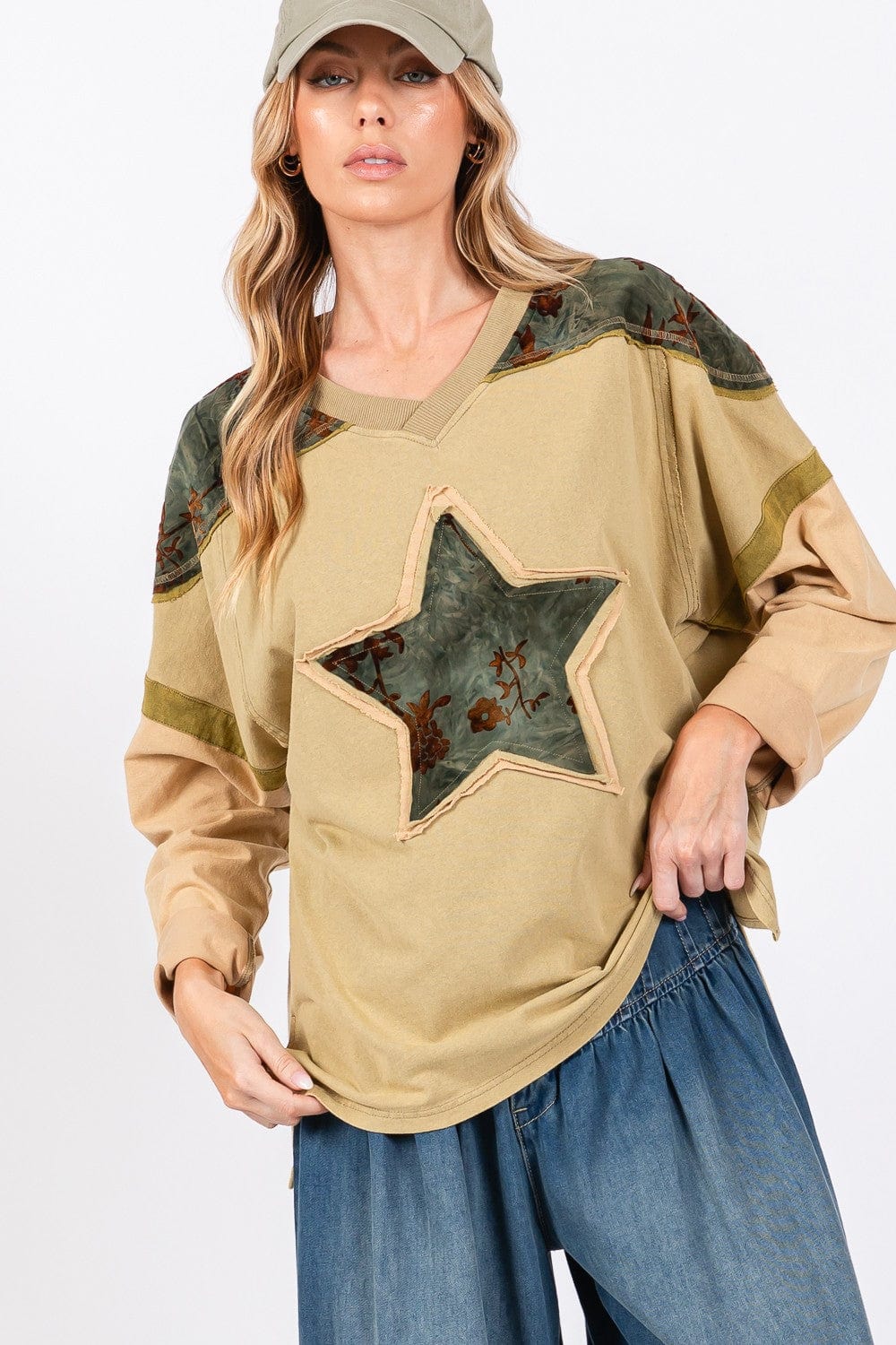 Dark Slate Gray SAGE + FIG Star Patch Long Sleeve Color Block T-Shirt