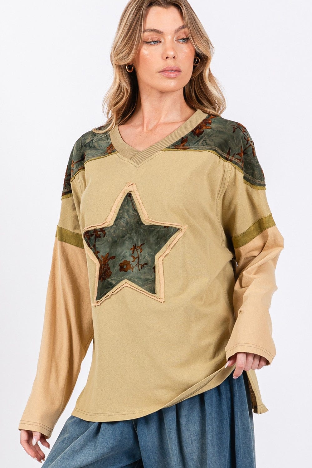 Dark Slate Gray SAGE + FIG Star Patch Long Sleeve Color Block T-Shirt