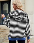 Drawstring Striped Zip Up Long Sleeve Hoodie