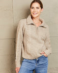 Tan Woven Right Half Zip Mixed Knit Collared Sweater