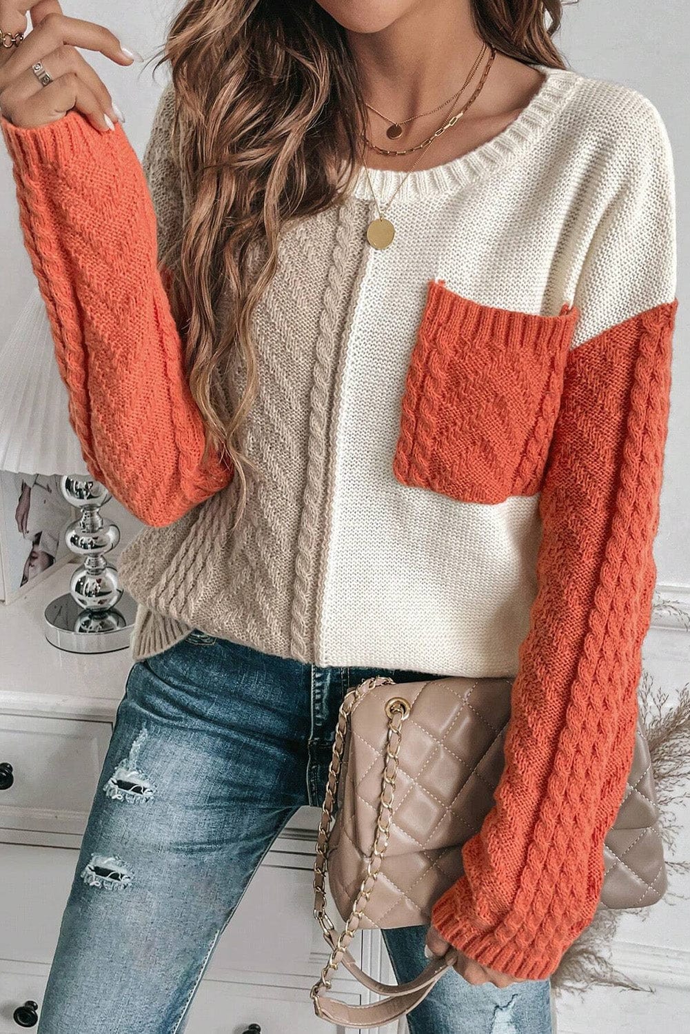 Rosy Brown Color Block Round Neck Long Sleeve Sweater