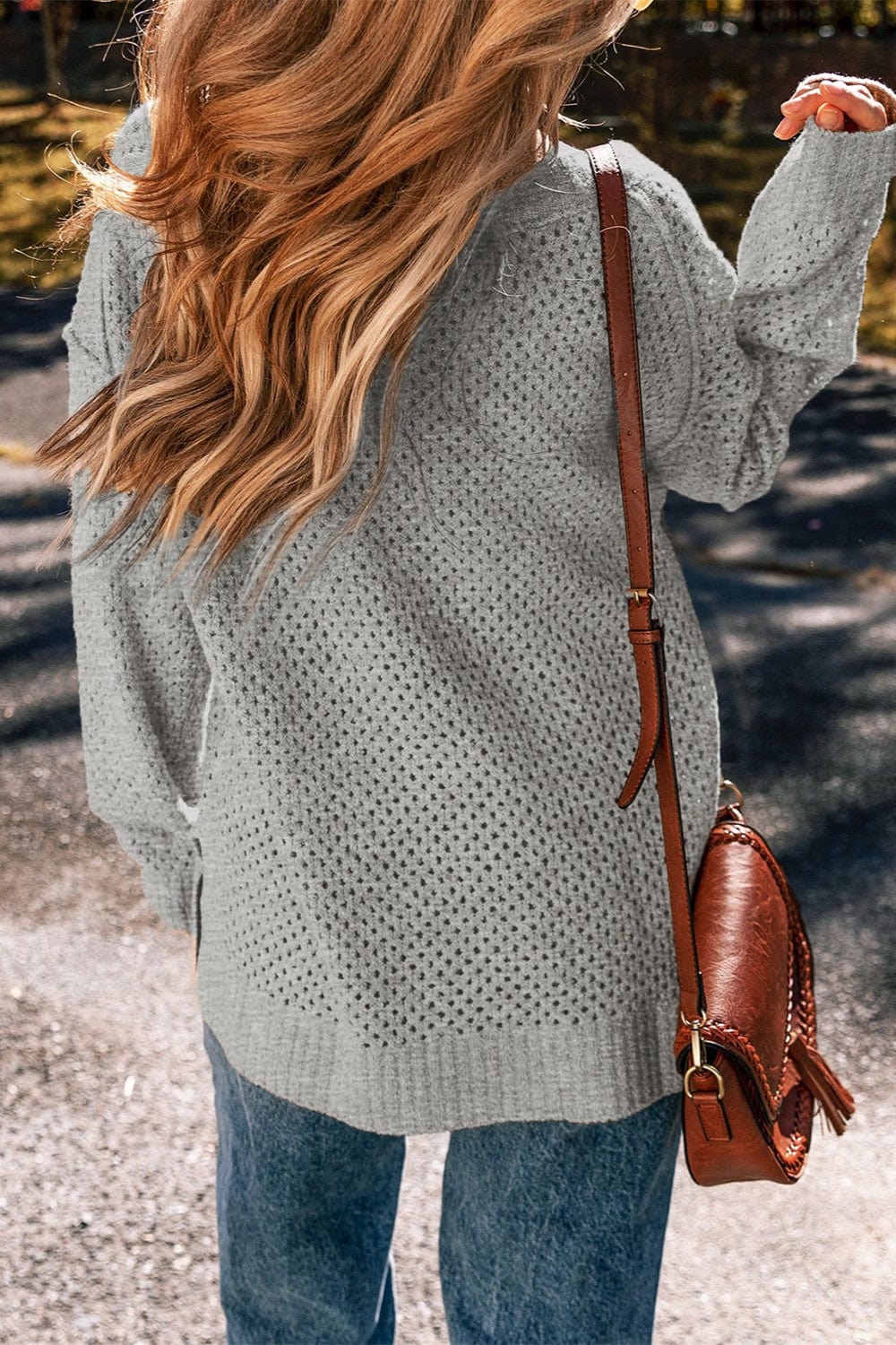 Light Slate Gray Openwork V-Neck Dropped Shoulder Sweater