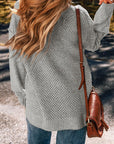 Light Slate Gray Openwork V-Neck Dropped Shoulder Sweater