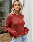 Cable-Knit Round Neck Dropped Shoulder Sweater