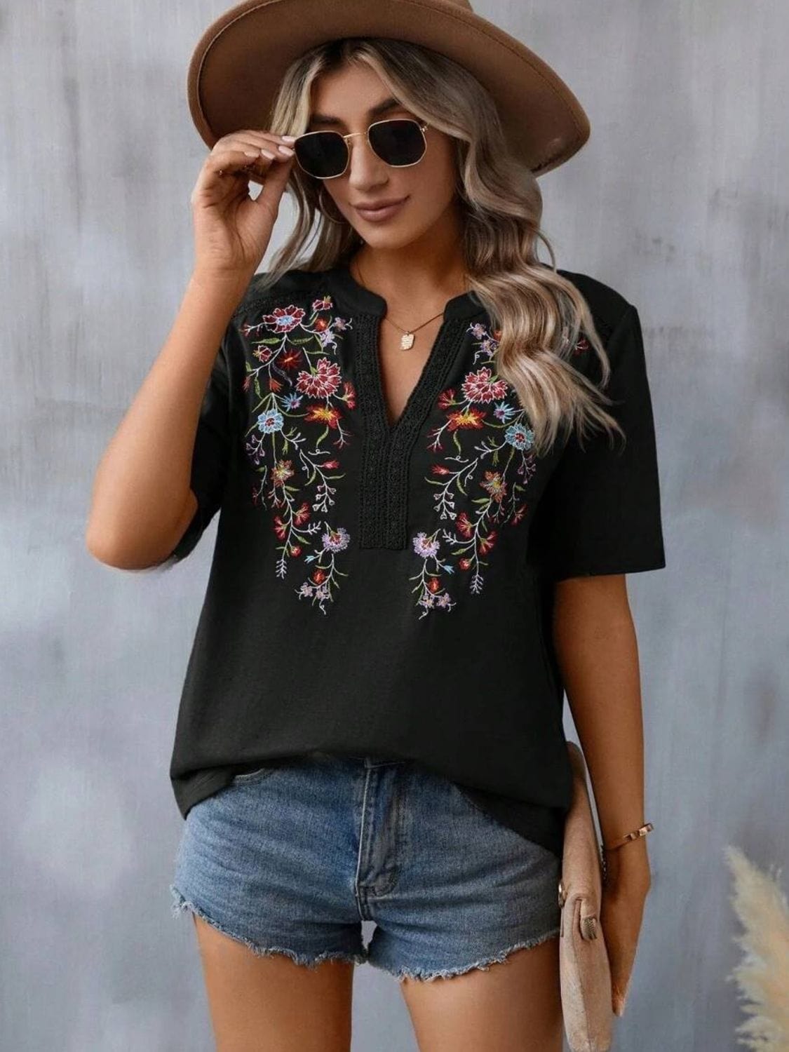 Dark Gray Embroidered Notched Short Sleeve T-Shirt