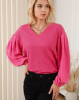 Waffle -Knit V-Neck Long Sleeve Blouse