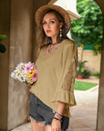 Plus Size Lace Detail V-Neck Flounce Sleeve Blouse