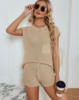 Round Neck Knit Top and Drawstring Shorts Set