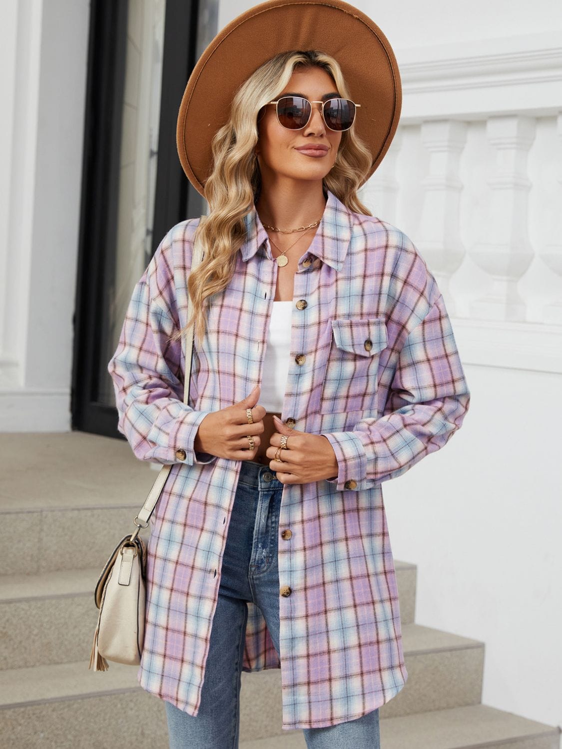 Plaid Collared Neck Long Sleeve Shirt