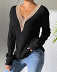 Gray Openwork V-Neck Long Sleeve Sweater