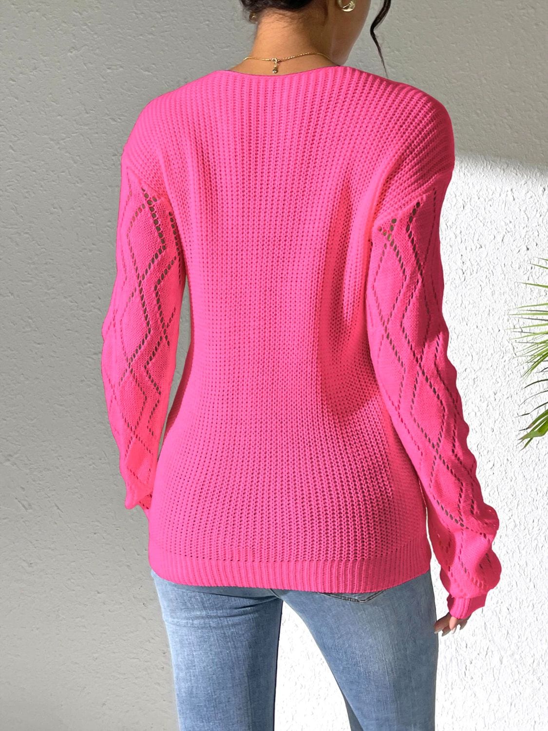 Rosy Brown Openwork V-Neck Long Sleeve Sweater