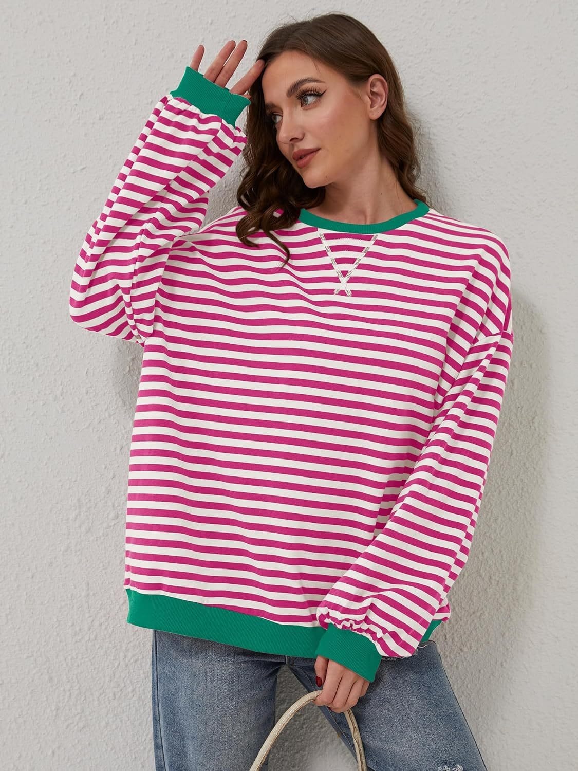 Gray Contrast Striped Long Sleeve Sweatshirt