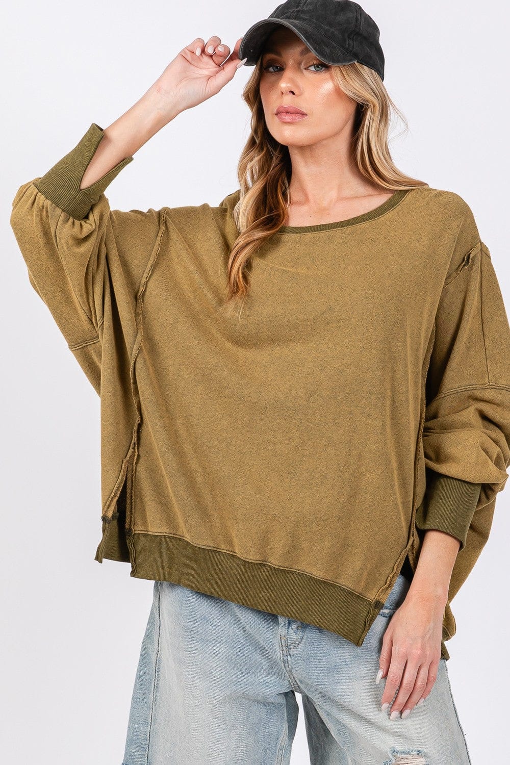 Light Gray SAGE + FIG Mineral Wash Side Slit Oversized Sweatshirt