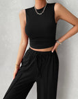 Black Mock Neck Sleeveless Top and Drawstring Pants Set