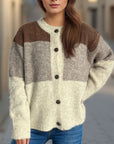 Color Block Round Neck Button Up Cardigan