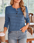 Lovelet Quarter Button Striped Round Neck Long Sleeve T-Shirt