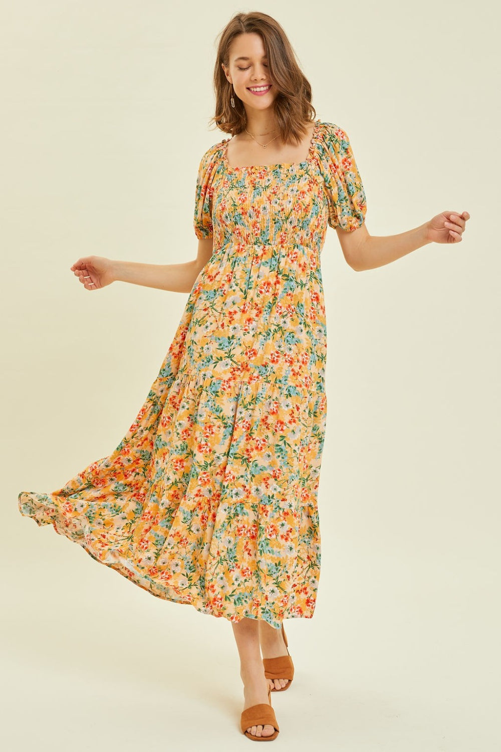 Wheat HEYSON Full Size Floral Smocked Tiered Midi Dress Sentient Beauty Fashions Apaparel & Accessories