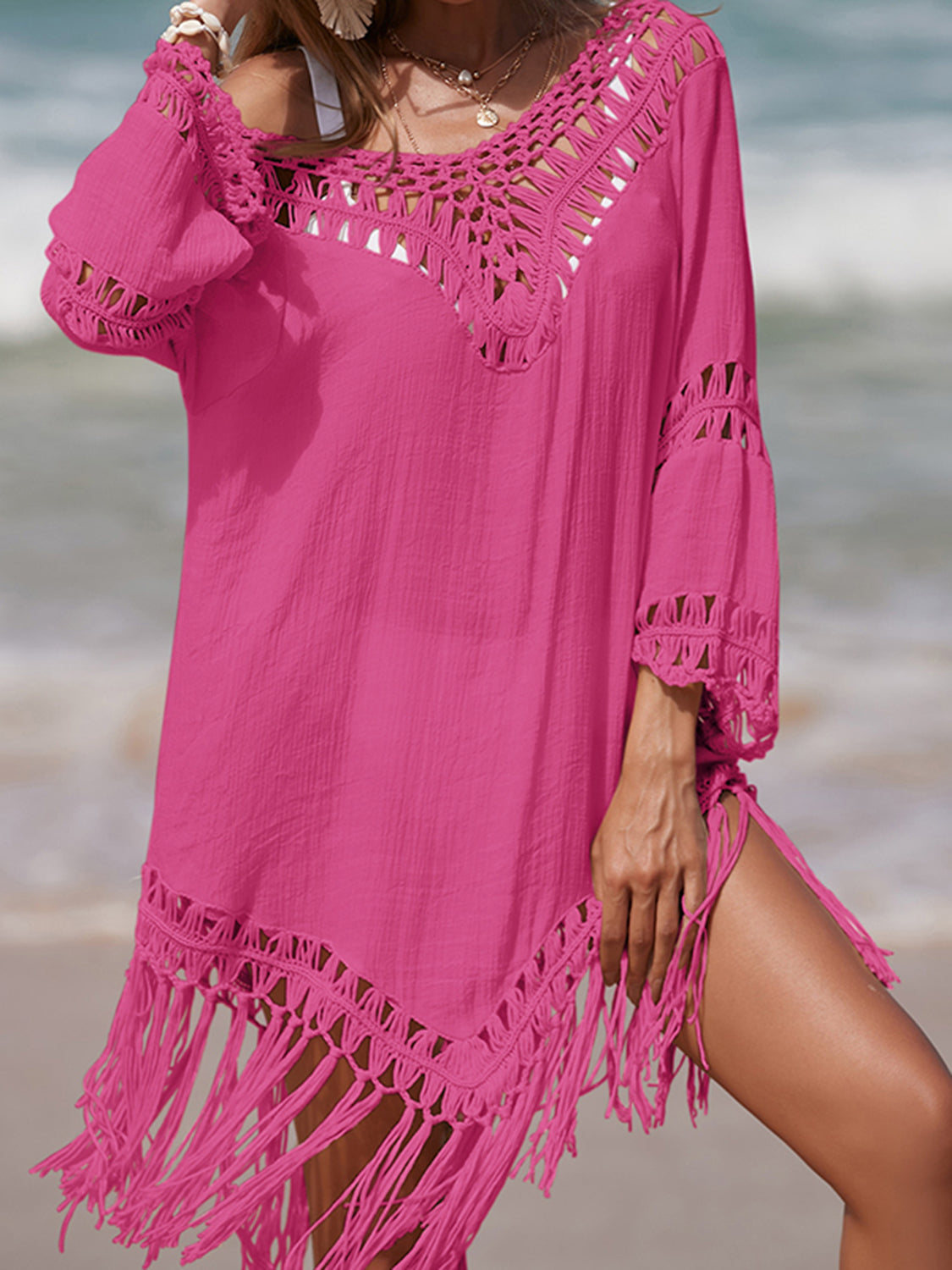 Pale Violet Red Cutout Fringe Scoop Neck Cover-Up Sentient Beauty Fashions Apparel & Accessories