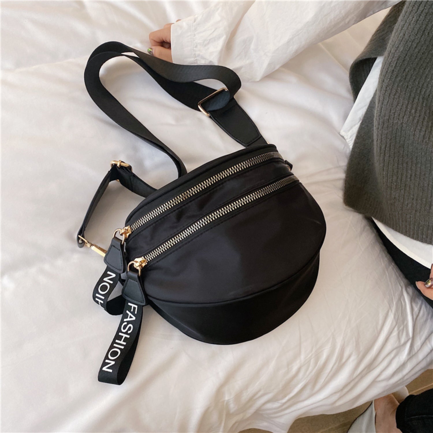Dark Slate Gray Double Zip Nylon Crossbody Bag Sentient Beauty Fashions Bag