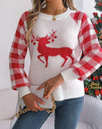 Reindeer Plaid Round Neck Long Sleeve Sweater