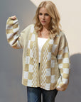 Double Take Checkered Open Front Dropped Shoulder Cardigan