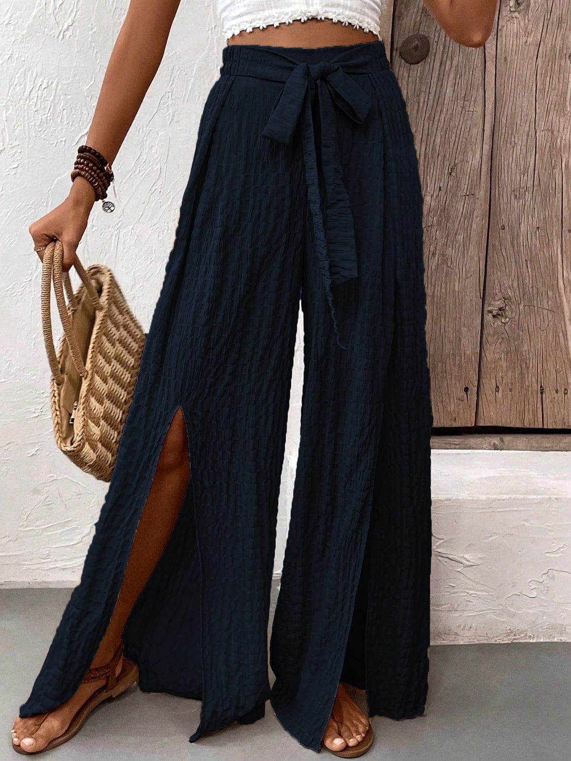 Light Gray Tied Slit Wide Leg Pants