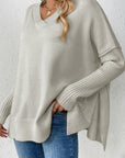 Slit V-Neck Dropped Shoulder Sweater