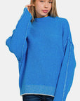 Steel Blue Zenana Exposed Seam Mock Neck Long Sleeve Sweater