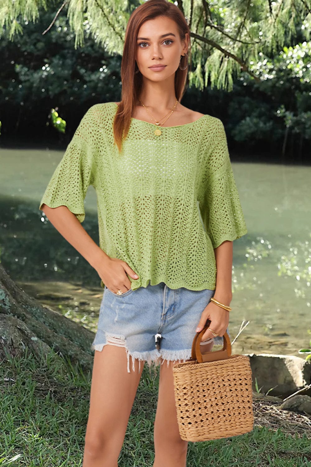 Dark Khaki Openwork Round Neck Half Sleeve Knit Top