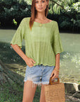 Dark Khaki Openwork Round Neck Half Sleeve Knit Top