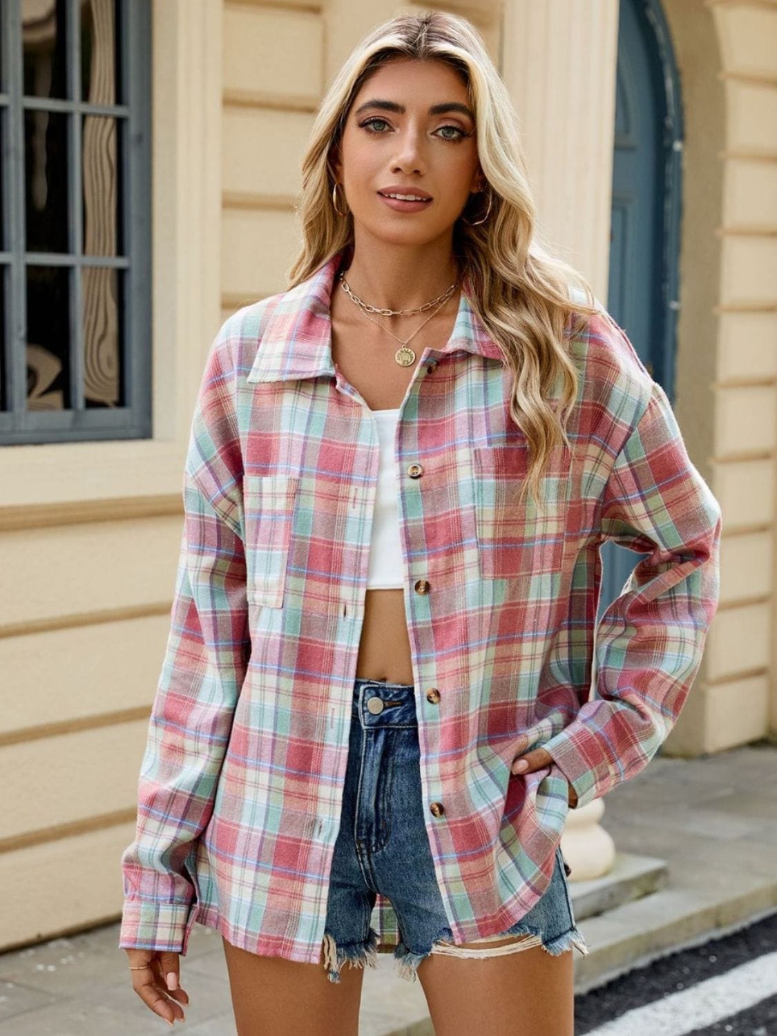 Rosy Brown Plaid Collared Neck Long Sleeve Shirt