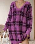 Distressed Plaid V-Neck Long Sleeve Sweater Dress